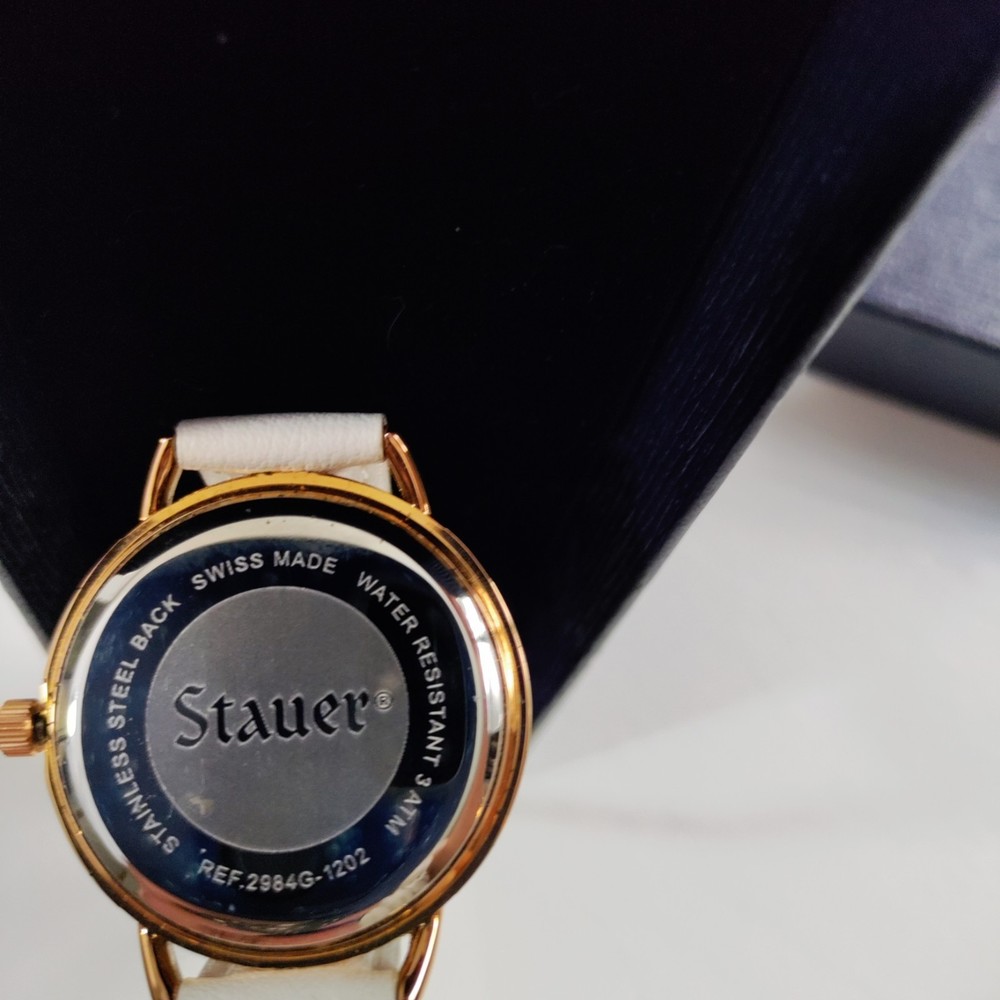 Stauer Swiss Made Watch Jeweled Case White Face Roman Numerals White Strap - Picture 6 of 8